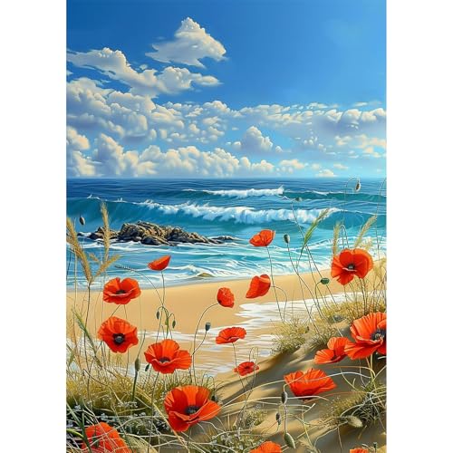 NEWENMO Hermosa Playa Diamond Painting Adultos Kit,DIY Amapolas y Olas Pintura de Diamantes,5D Azul Mar Diamond Art Kit,Bricolaje Dibujo con Diamantes,para Principiantes Decoración Hogar 30x40cm