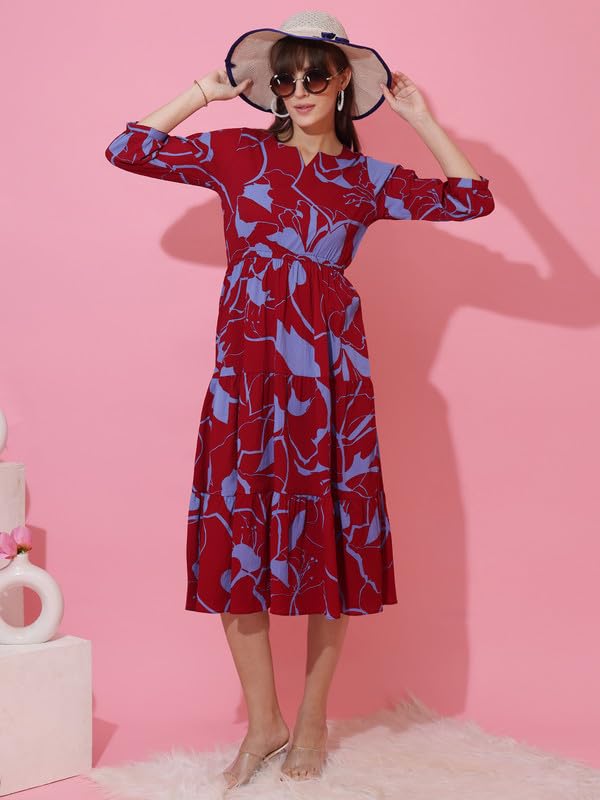 Image of Sheetal Associates Women's Casual 3 /4 Sleeve Crepe Fit and Flare Dress| Comfortable Relaxed Fit Summer Party Dress