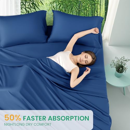 SONORO KATE 100% Viscose Derived from Bamboo_Sheets Queen Size, Ultra Breathable & Cooling Bed Sheets for Hot Sleepers, Hotel Luxury Silky Bedding Sheets, 16" Deep Pocket - 4PC (Navy Blue,Queen)