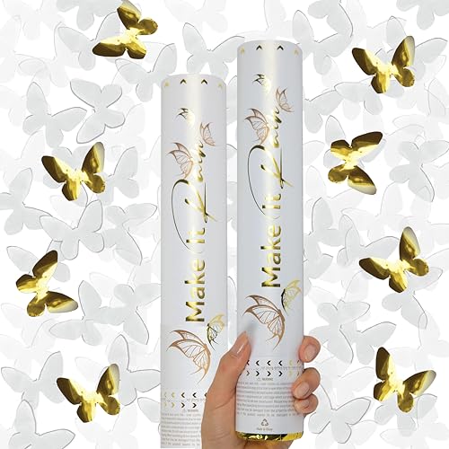 Primepure Canhões de confetes - Canhão confete borboleta branca e dourada - pack 2 - Confetti Cannon para casamentos, eventos românticos para festas, aniversários e aniversários