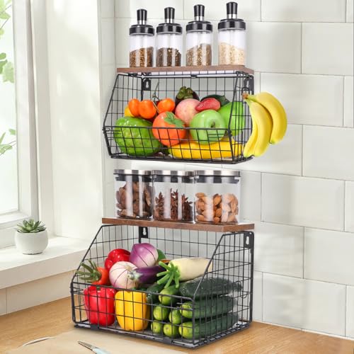 Zaxiva Frutero de Cocina Moderno de 2 Pisos, Organizador de Cocina, Cestas de frutas Apilables y Montables en la Pared con Tapa de Madera y 4 cesta fruta Ganchos para Almacenar Verduras y Frutas