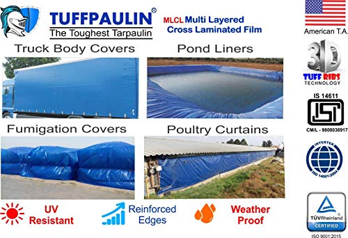 Image of TUFFPAULIN 12FT X 9FT 120 GSM Blue Heavy Duty Tarpaulin Tirpal Tadpatri Tharpai Thadika, Extra Strong, Eyelets, UV Resistant, 100% Waterproof Virgin, 6 Layer MLCL 3D Rib Technology-1 No.
