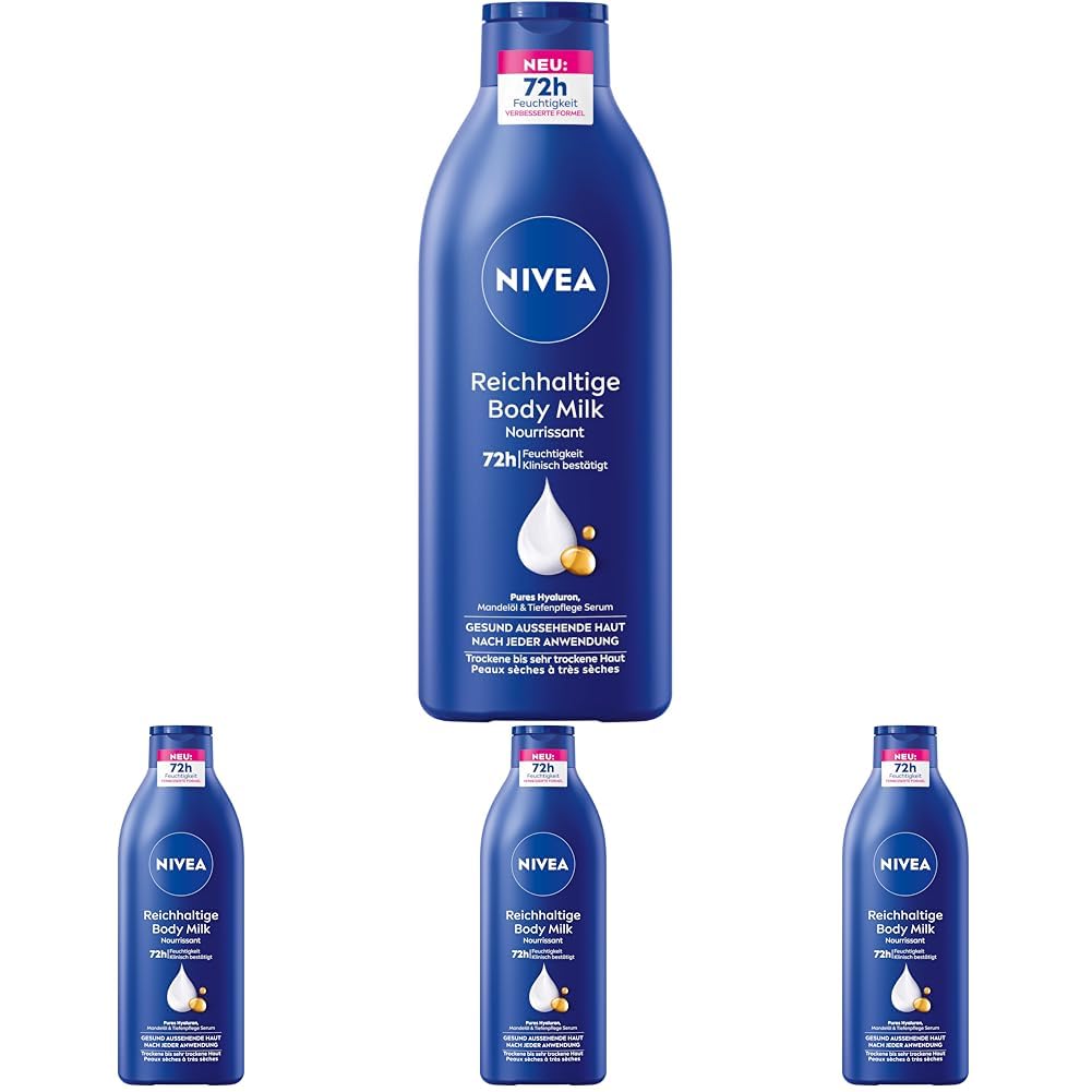 NIVEA Reichhaltige Body Milk, intensiv pflegende Körpercreme mit purem Hyaluron, Mandelöl und Tiefenpflege Serum, Lotion für trockene Haut (400 ml) (Packung mit 4)