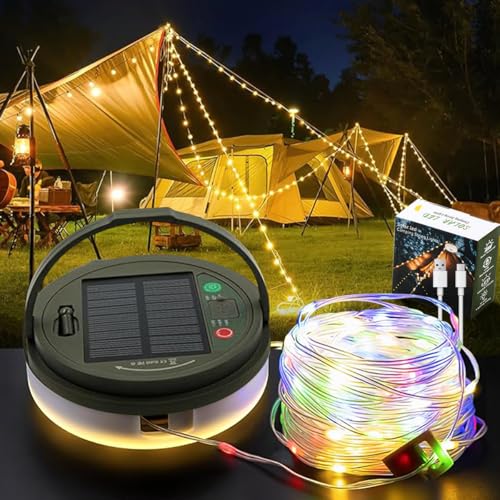 33FT Solar Camping String Lights, Rechargeable String Lights with 8 Modes, Waterproof Outdoor Lights with Delay Closure, Retractable Design & Hooks for Outdoor Patio Awning Garden Party Essentials