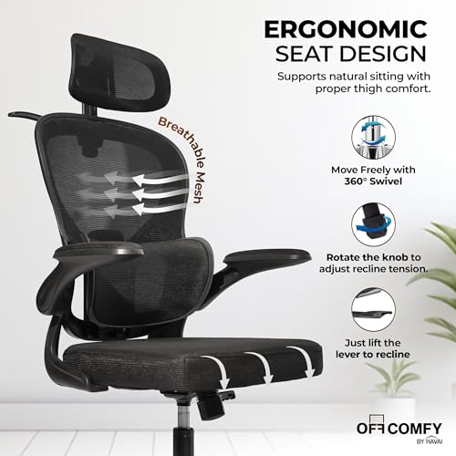 Image of HAVAI Velmora Ergonomic Office Chair | High Back Mesh Chair with Reclining Mechanism, Adjustable Armrest, Headrest & Lumbar Support | Nylon Base & Wheels | Executive /WFH Chair (Black)
