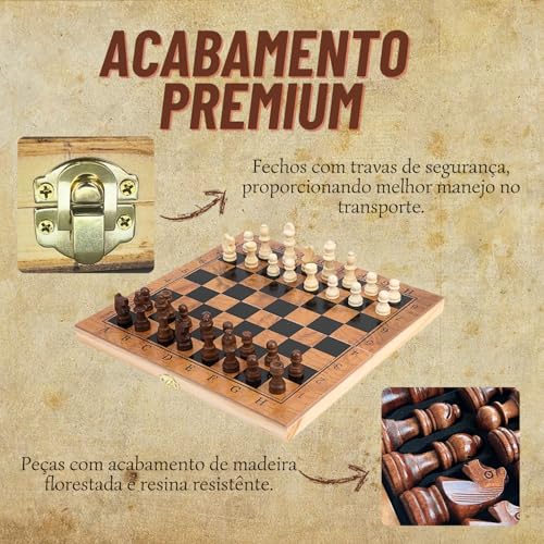 Jogo de Xadrez Dama em Madeira Tabuleiro Dobrável Portátil Estilo Clássico Educativo Completo 3 em 1