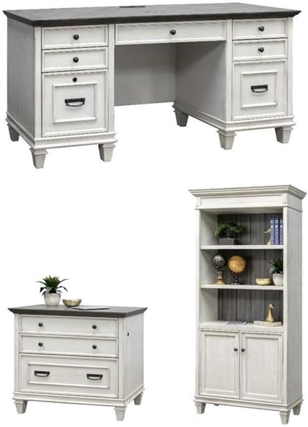 BOWERY HILL Set of 3 Credenza Office Desk & Bookcase with Doors & File Cabinet