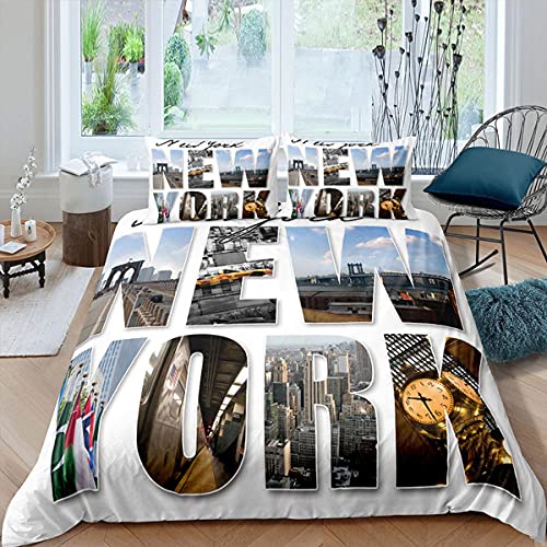 ZHOUJIELUN Housse de Couette 90X190 cm Enfant New York Blanc Parure de Lit 1 Personne Doux Respirant Microfibre Housse de Couette avec Fermeture Éclair + 1 Taie d'oreiller 65x65 cm