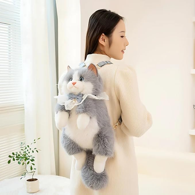 Image of This unique and adorable backpack is great for cat lovers and fashion | Experience the charm of our Realistic Stuffed Cat Shaped Backpack, designed to resemble a lifelike cat |