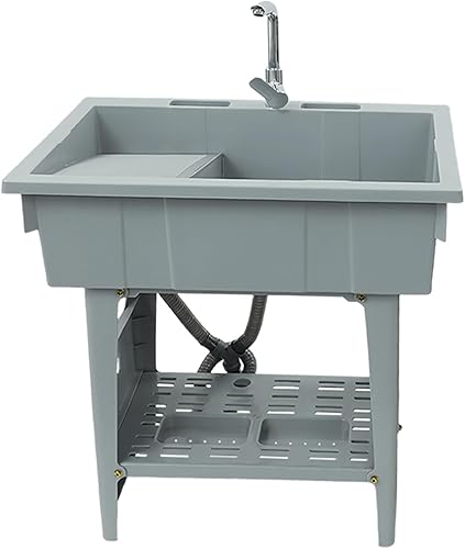 Miniatura 8 de Fregadero de plástico independiente con tabla de lavadero, lavabo para lavandería, lavabo con grifo caliente y frío para garaje, sótano, jardín