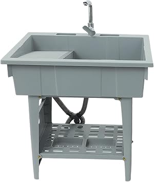 Laundry Sink,Freestanding Plastic Laundry Sink with Washboard,Utility Sinks with Hot and Cold Faucet,Hoses and Drain Kit for Garage Basement Garden31.5x22.05x31.5inch Grey