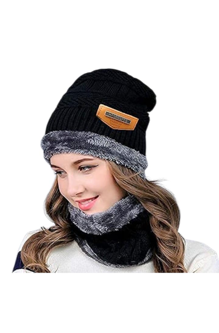 Winter Beanie Hat and Neck Warmer Set, Black with Grey Fur Lining, Knitted Warm Scarf for Men and Women-image-36