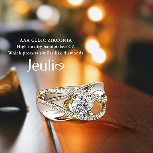 Jeulia Engagement Rings for Women Sterling Silver Two Tone Gold Bridal Sets Crossover Round Engagement Ring Sets Cubic Zirconia Anniverdary Promise with Jewelry Gift Box3
