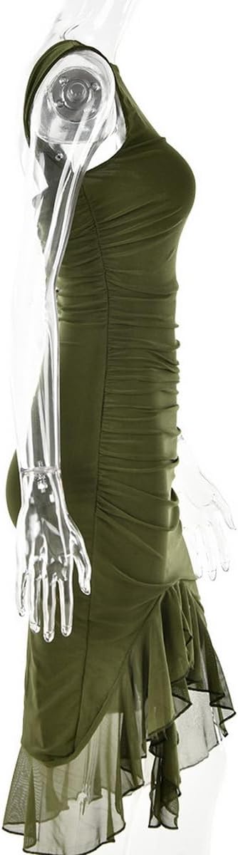 Women's Sexy Sleeveless Sheer Mesh Ruched Midi Bodycon Dress Frill Hem Cocktail Party Formal Dresses - Image 6