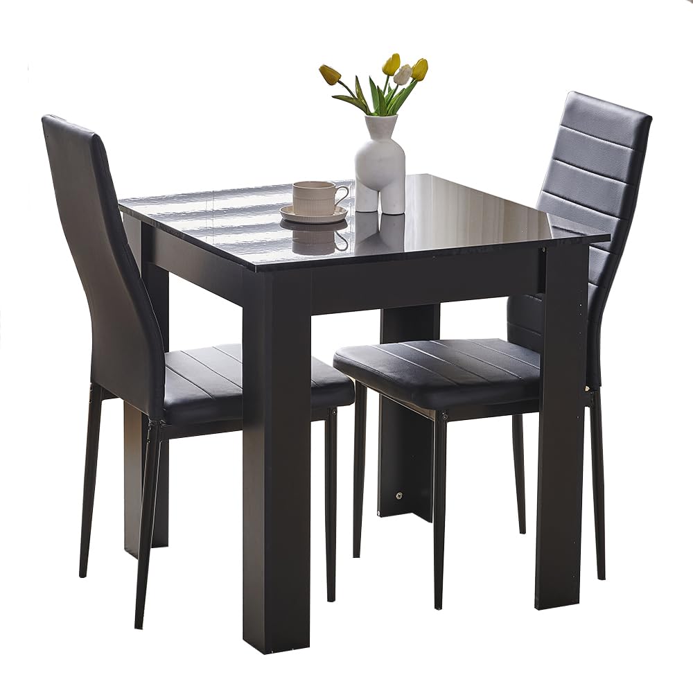 Rainbow Tree Modern 3 Piece Dining Room Table and Chairs Set, Wooden Square Table with 2 Chairs for Small Space Apartment Space Saving (Black Table+2 Black PU Chair) — image 1