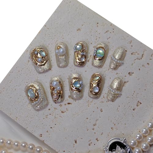 Short Coffin Press on Nails Handmade False Nails with Designs, 3D Hand-painted Reusable Fake Nails Stick on Nail (Sparkly Golden+Pearls, M)