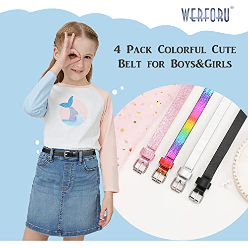 WERFORU 4 Pack Kids PU Leather Skinny Belt for Girls Boys Teen Child Thin Shiny Glitter Waist Belt for Jeans Dress, Black+Silver+Pink+Rainbow,Fits Waist Size 18-24 Inches2