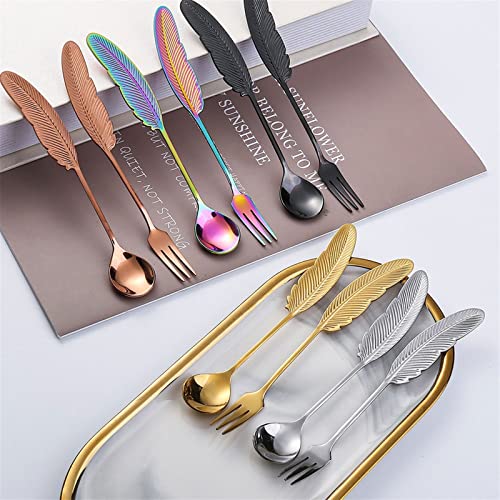 Dinner Spoon 4-Piece 304 Stainless Steel Spoon Fork Feather Shaped Spoon Coffee Mixing Spoon Fruit Fork Dessert Spoon Long-Handled Spoon (Color : B) (Brass)3