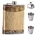 Riveryy Fiaschetta Acciaio Inox 8oz 250ml Fiaschetta e Imbuto Set Motivo Floreale Dorato Fiaschetta con 1 Imbuto, 2 Tazze Piccole in Acciaio Inossidabile,Vestito per Whisky Escursione Viaggio