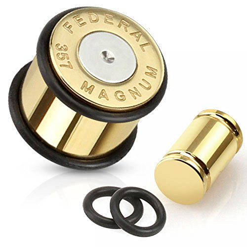 Lobal Domination Pair Gold Ion Plated 357 Magnum Bullet Plugs Earlets Gauges Pierced