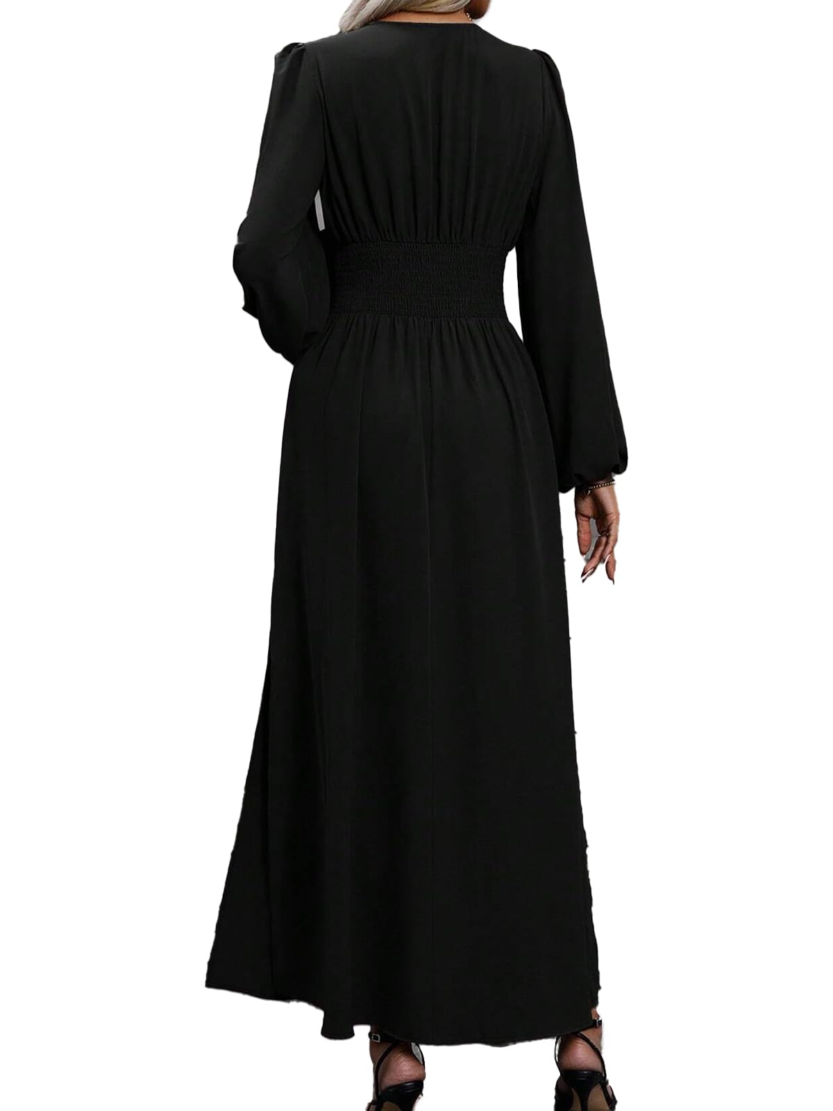 Abito Elegante Donna Scollo a V Plissettato Vita Alta Abito Lungo con 2 Side Spaccato Causal Manica Lanterna Vestiti Autunno Iinverno Abiti