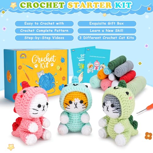 Image of Crochet Kit for Beginners - 3 PCS Dinosaur Cat Crochet Kits with Step-by-Step Video Tutorials, Beginner Crochet Kit for Adults, Crochet Animal Kit for Starters, Cat Dressed as Dinosaur Crochet Set