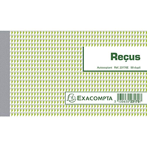 Exacompta - Réf. 23170E - 1 Manifold REÇUS - 50 feuillets numérotés et autocopiants - duplicatas (1 original + 1 copie) - format 105 x 180 mm - certifié...