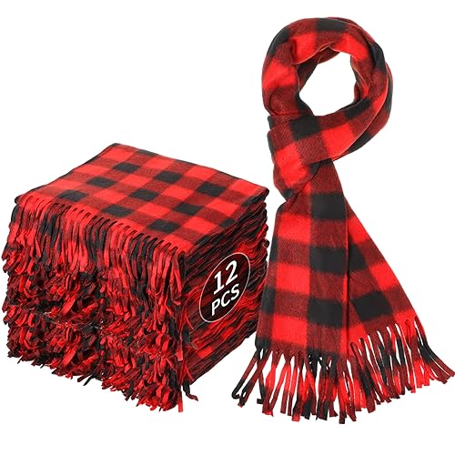 Chuarry 12 Pcs Christmas Buffalo Plaid Scarves Bulk Fringe Red and Black Big Grid Long Shawl Tassel Edge Winter Warm Check Large Pashmina Men Women's Cold Weather Scarves and Wraps