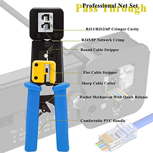 LEATBUYCrimp Tool Kit for RJ45/RJ11/RJ12/CAT5/CAT6/Cat5e, Professional Network Crimper Wire Connector Stripper Cutter, Computer Maintenance Lan Cable Pliers Tester Repair Set(Blue)