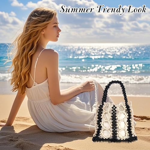 Image of YYW Unique Handmade Wooden Bead Tote Bag for Women, Small Handwoven Clutch Purses Woven Bucket Handbag and Drawstring Handbag