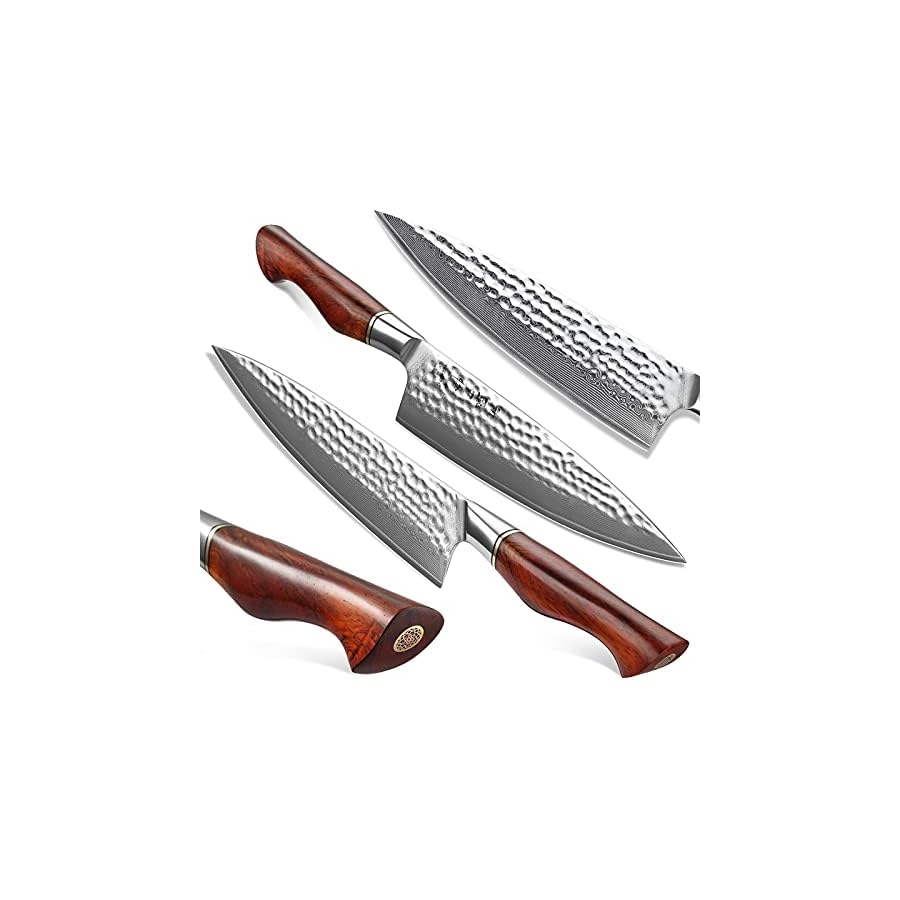 HEZHEN Damascus Knife Set 5PCS,Premium Powder Steel Forged Hammered Pattern, Rosewood Handle, Home Cooking Kitchen Knives