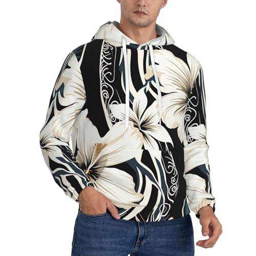 Men's Fleece Pullover Hoodie Long Sleeve Hooded Black and white hawaiian flowers Sweatshirt Casual Shirts With Pockets Small
