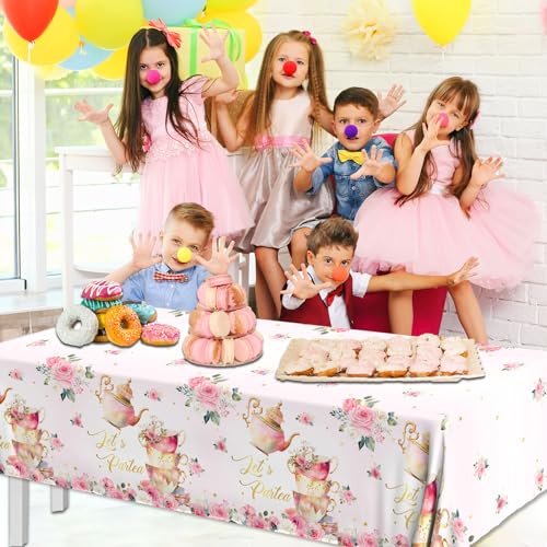 Image of Pink Floral Tea Party Tablecloth, Girls Tea Party Birthday Supplies 3pcs Let's Partea Spring Disposable Table Cover for Baby Shower, Floral Birthday Decorations