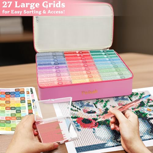 Image of twivah 27 Pcs Diamond Art Storage with Bag, 2-in-1 Diamond Art Trays Container with Lids, Diamond Painting Accessories with Color Sticks, Diamond Art Kits for Adults & Kids Christmas, Birthday (Pink)