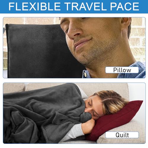 Reisedecke Flugzeug,Verwandlungskissen 2 in 1,127x152cm Reisedecke Ultraleicht Warm,Reise Gadgets mit Schlafmaske und Ohrstöpsel,Tragbare Verwandlungskissen für Geschäftsreisen,Büros, Reisen(Schwarz)