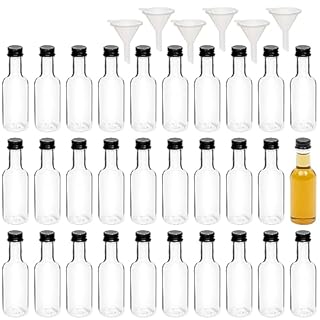 Stockroom Plus 30 Pack Mini Shot Bottles with Caps & Funnels - 50 mL Clear PET - Sample Wine Bottles & Plastic Liquor Containers - Adult Party Favor Pack