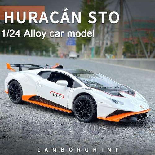 Image of Lambo Huracan STO 1:24 Big Size Diecast Scale Model Alloy Metal Pull Back Toy car for Kids with Openable Doors & Light, Music Toy Vehicle for Kids (White)