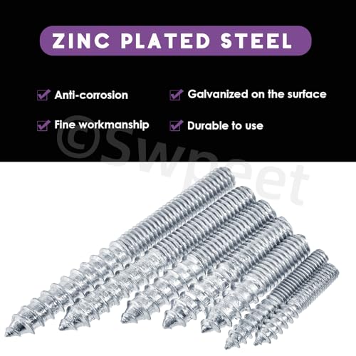 Image of Swpeet 120Pcs 7 Sizes M4 M6 Zinc Hanger Bolts Assortment Kit, Double Headed Bolts, Self-Tapping Screw Hanger Bolts, Dowel Screw Bolts Threaded Rods Bolt Furniture Screws for Wood Furniture Joint