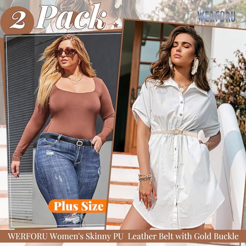 WERFORU 2 Pack Women's Skinny PU Leather Belt with Gold Buckle Ladies Thin Leather Leather Plus Size Waist Belt for Jeans Dress （Black+Beige,Fit Waist Size 19-24 Inches3
