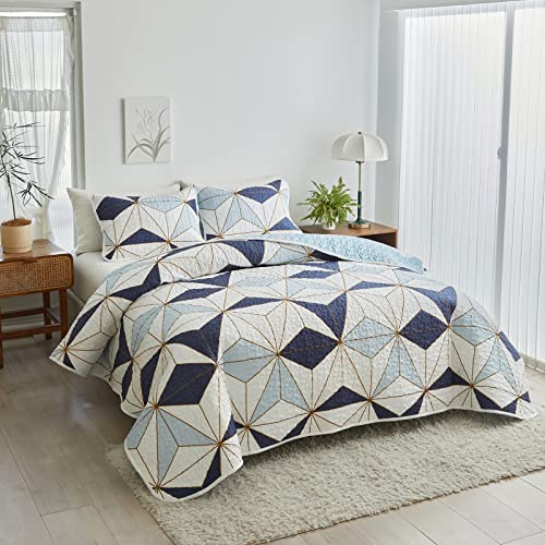 Flysheep 3-Piece Quilt Set Full Queen Size, Modern Colorful Geometric Patchwork Style Bedspread/Coverlet, Navy Blue N Beige Triangles On White, Brushed Microfiber For All Season #TOP6