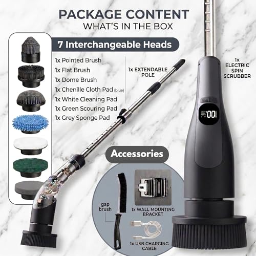 Image of LIVINGPRO Electric Spin Scrubber for Bathroom Cleaning, Cordless Power Scrubber with 70W Dual Speed Motor, LCD Display, IPX7 Waterproof, Adjustable Handle, 7 Brush Heads for Tub Tile Shower Kitchen