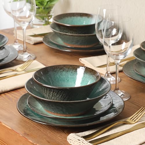 Image of Gibson Elite Green Lantern Service for 4 (16 Piece) Double Bowl Dinnerware Set, Teal, Soft Gray, Dinnerware Set