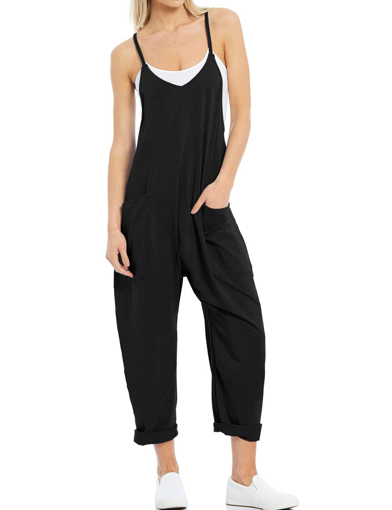 Gihuo Women's Casual Sleeveless Jumpsuits Baggy Adjustable Strap Overalls with Pockets(Black-M)