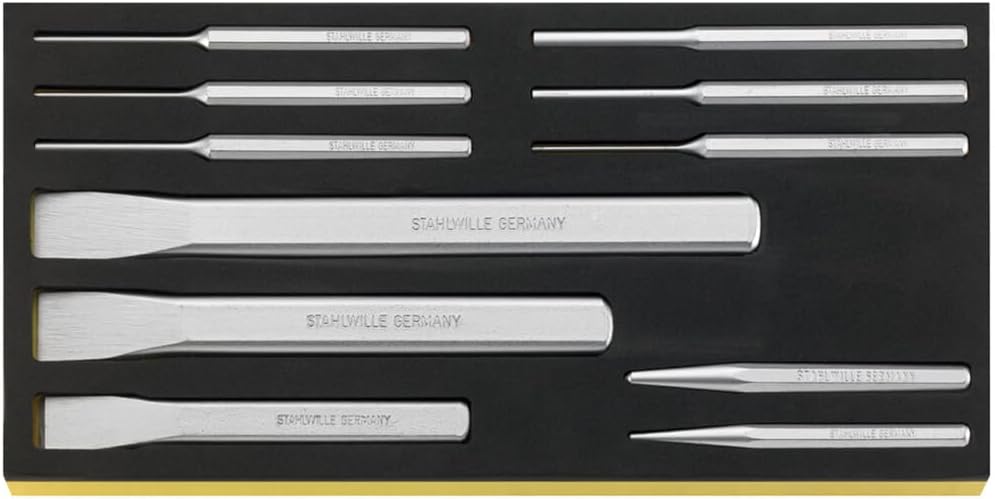 Stahlwille 96838754 Pin Punch Set, 11 Pieces (2.5 mm - 8 mm), with Tool Control System Inlays and Additional Center Punches and Chisels, TCS Size 175 x 350 x 33 mm, Made in Germany