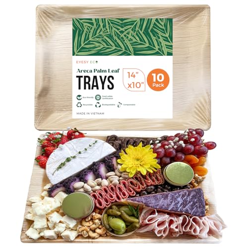 EYESY ECO Palm Leaf Trays Disposable Bamboo Like Serving Platters 14 x 10 - Heavy Duty Charcuterie Boards Eco-Friendly Dinnerware for Parties Weddings Catering Events (10 Pack)