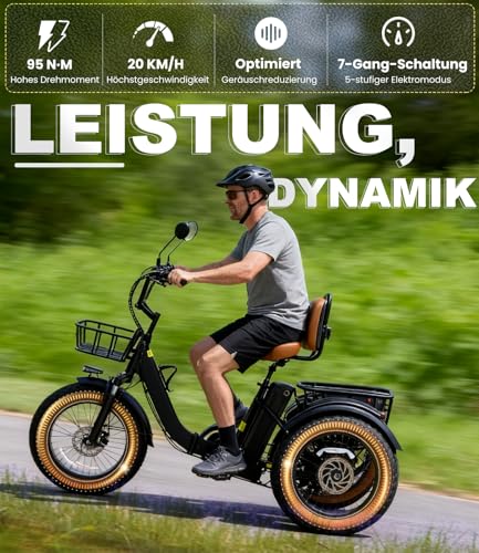 KAKIGO Elektro-Dreirad Für Erwachsene,Fat Tires Elektro-Dreirad,250W Motor,95 Nm,48V 18/10.4Ah Akku,20 Km/h...