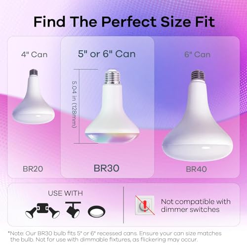 Image of OREiN Matter BR30 Smart Light Bulbs, 60W 650lm RGBTW Color Changing, 4 Pack | LED Light Bulb Compatible with Alexa, Apple Home, Google Home, SmartThings, 2.4Ghz WiFi only Smart Bulbs, E26 Base