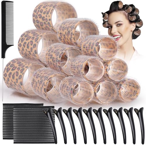 GeeRic 33 Piezas Rulos Pelo Grandes, Set de Rulos para el Pelo Profesional 25mm 36mm 44mm Autoadhesivas Bigudies Pelo Rulos Yautoadhesivos,Profesional Rulo de Peluqueria Salón,con 12 Clips