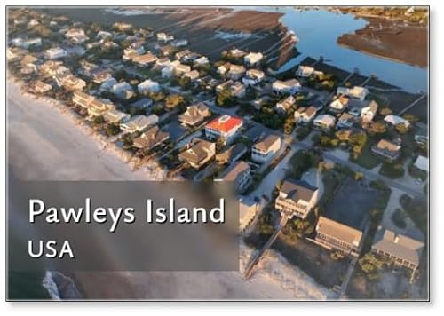 South Carolina Coastline at Pawleys Island Beach Front Homes, Vacation Beach Rental Property Beside Ocean with Sandy Shoreline at Sunrise on Beautiful Morning by The Sea Design 1, Fridge Magnet