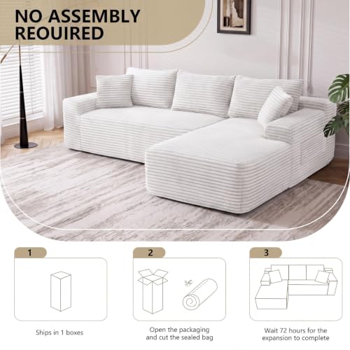 Image of 94.5 inch L Shaped Boneless Sectional Corduroy Couches for Living Room (White)
